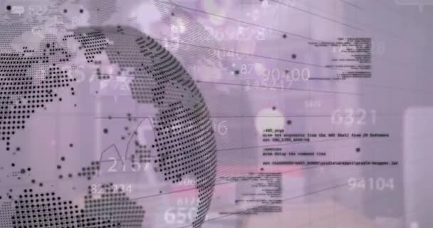 Анимация Земного Шара Над Обработкой Финансовых Данных Размытом Фоне Глобальный — стоковое видео