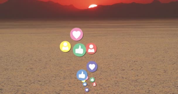 Animatie Van Social Media Iconen Zonsondergang Zeelandschap Wereldwijd Concept Voor — Stockvideo