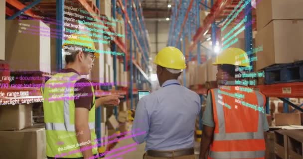 倉庫で働く多様な人々に対する財務データ処理のアニメーション グローバル出荷 ビジネス コンピューティング データ処理の概念デジタル生成されたビデオ — ストック動画