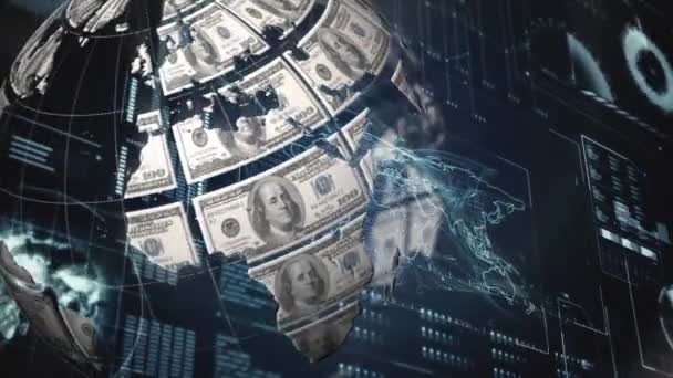 Animação Processamento Dados Sobre Globo Formado Com Notas Dólar Americano — Vídeo de Stock