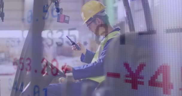 倉庫で働く生物の男に関する統計とデータ処理のアニメーション グローバル出荷 ビジネス コンピューティング データ処理の概念デジタル生成されたビデオ — ストック動画