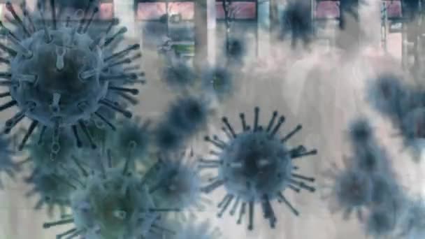 Animacja Komórek Wirusa Nad Ludźmi Chodzącymi Ulicy Koncepcja Globalnej Pandemii — Wideo stockowe