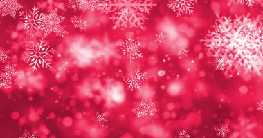 Kar yağışı ve kırmızı arkaplanda ışık lekeleri. Noel, gelenek ve kutlama konsepti dijital olarak oluşturulmuş imaj.