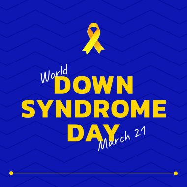 Dünyanın aşağı sendromlu günlük metni ve mavi arka planda sarı kurdele. Dünya Down Sendromu Günü ve öğrenme güçlüğü bilinci kavramı dijital olarak oluşturuldu.