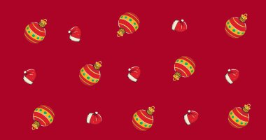 Kırmızı arka planda çoklu noel şapkası ve incik boncuğu. Noel, kış, gelenek ve kutlama konsepti dijital olarak oluşturulmuş imaj.