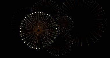 Siyah arka planda patlayan havai fişek görüntüsü. Yeni yıl arifesi, şenlik, kutlama ve gelenek konsepti dijital olarak oluşturuldu..
