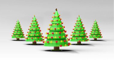 Gri arka planda dönen Noel ağaçlarının görüntüsü. Noel, şenlik, kutlama ve gelenek konsepti dijital olarak oluşturuldu.
