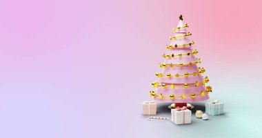 Dönen noel ağacı ve gradyan pembe arka planda hediyeler. Noel, şenlik, kutlama ve gelenek konsepti dijital olarak oluşturuldu.