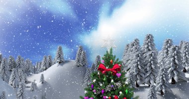 Kış manzarası boyunca noel ağacının bileşimi. Noel, gelenek ve kutlama konsepti dijital olarak oluşturulmuş imaj.