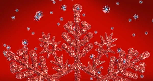 Afbeelding Van Sneeuw Vallen Grote Sneeuwvlok Rode Achtergrond Kerstmis Winter — Stockfoto