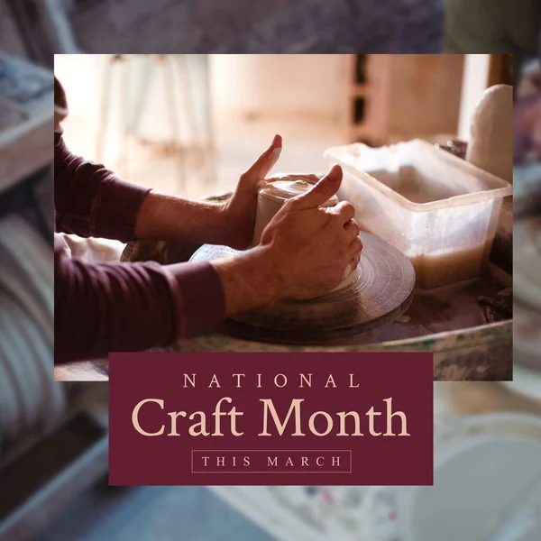 Composition of national craft month text over hands of caucasian male potter in workshop. National craft month, craftsmanship and small business concept.