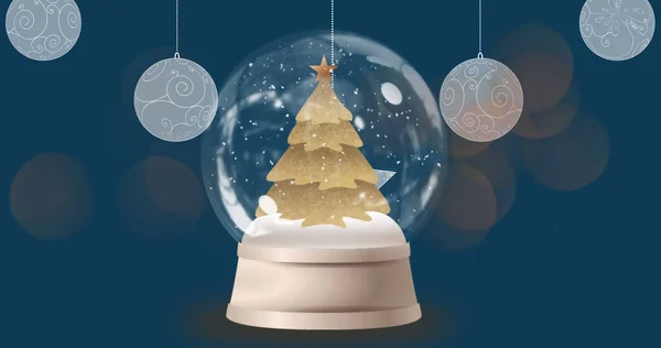 Bild Von Stern Und Schneekugel Mit Weihnachtsbaum Auf Marineblauem Hintergrund — Stockfoto