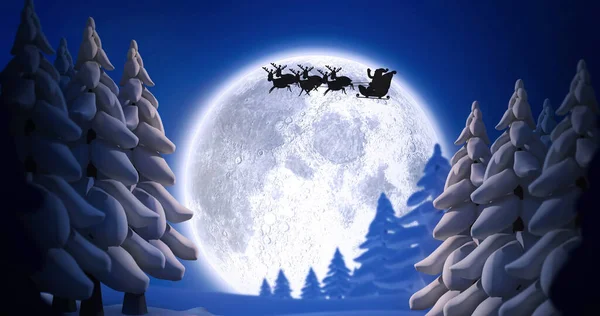 Obrázek Santa Clause Saních Soby Nad Měsícem Oblohou Vánoční Tradiční — Stock fotografie