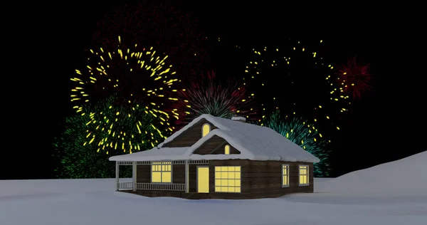 Obrázek Barevných Vánoc Novoroční Ohňostroj Explodující Noční Obloze Nad Domem — Stock fotografie