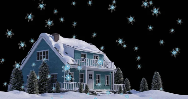 Immagine Neve Che Cade Sulla Casa Nel Paesaggio Invernale Notturno — Foto Stock