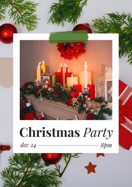 Square image of christmas party text and candles photo over christmas twigs over grey background. Christmas party invitation and celebrations campaign.