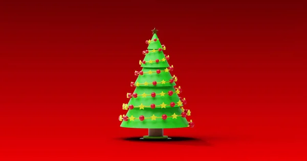 Bild Des Weihnachtsbaums Der Sich Auf Rotem Hintergrund Dreht Weihnachten — Stockfoto