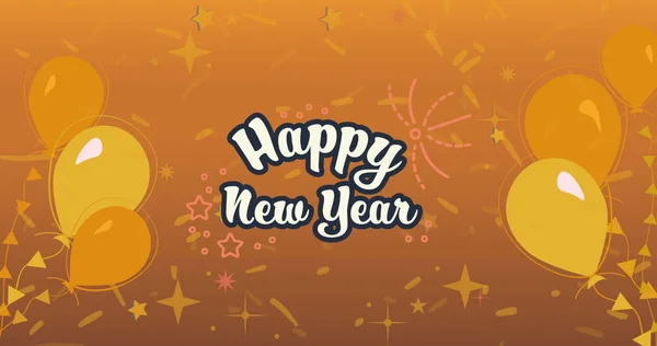 Obrázek Šťastného Novoroční Text Černé Bílé Žlutými Balónky Oranžovém Pozadí — Stock fotografie