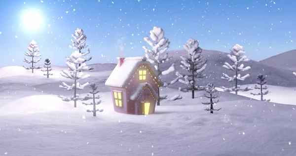 Изображение Рождественского Коттеджа Зимнем Пейзаже Деревьями Солнцем Падающим Снегом Зимний — стоковое фото