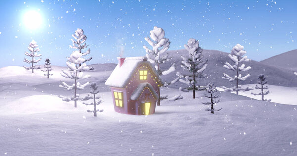 Image of christmas cottage in winter landscape with trees, sun and falling snow. Winter season, christmas, tradition and celebration concept digitally generated image.