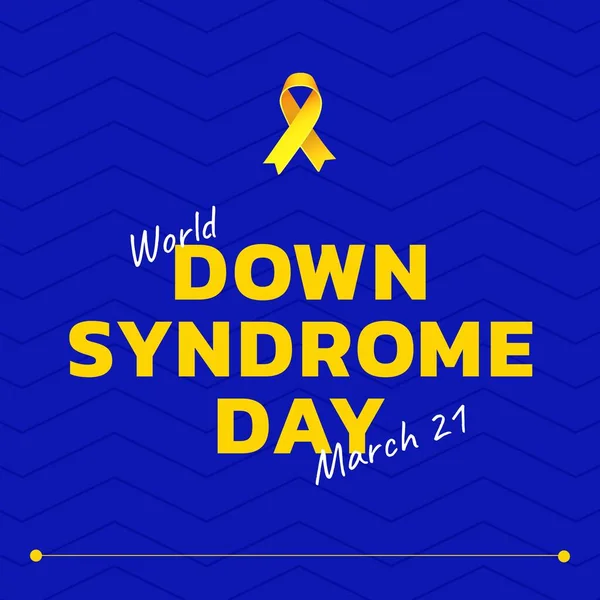 stock image Composition of world down syndrome day text and yellow ribbon over blue background. World down syndrome day and learning difficulties awareness concept digitally generated image.