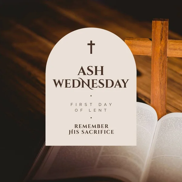 Image of ash wednesday over wooden background with cross and bible. Religion, christianity, eaaster and celebration concept.