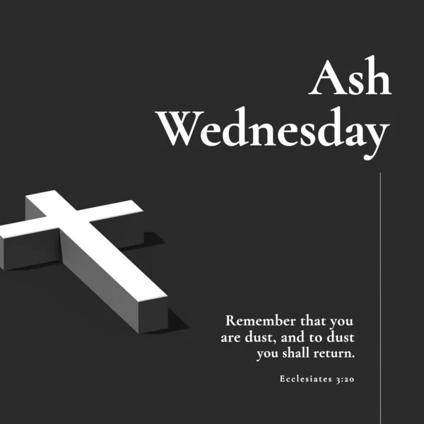 Composition of ash wednesday text over black and white cross. Ash wednesday, christianity, religion and tradition concept digitally generated image.