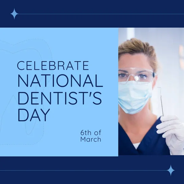 Composition of national dentist\'s day and female dentist in face mask. National dentist\'s day, dentistry and tooth care concept.