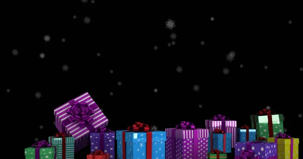 クリスマスに降る雪のイメージは黒を背景に提示します クリスマス お祝いのコンセプトをデジタルで — ストック写真