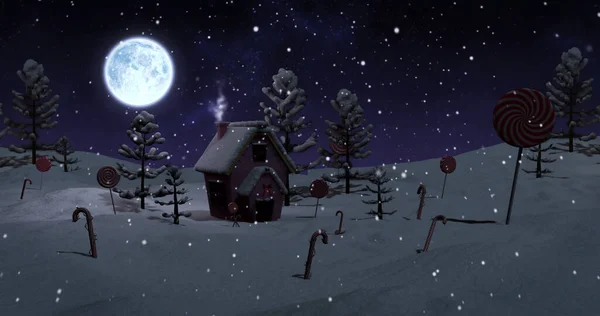 Image of christmas cottage and trees in snow at night with candy canes, lollipops and full moon. Winter season, christmas, tradition and celebration concept digitally generated image.