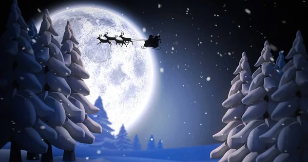 Зображення Санта Клауса Санчатах Оленями Над Місяцем Небом Різдво Традиція — стокове фото