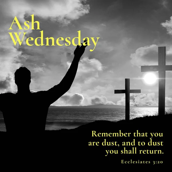 Composition of ash wednesday text over black and white photo of man and two crosses. Ash wednesday, christianity, religion and tradition concept digitally generated image.