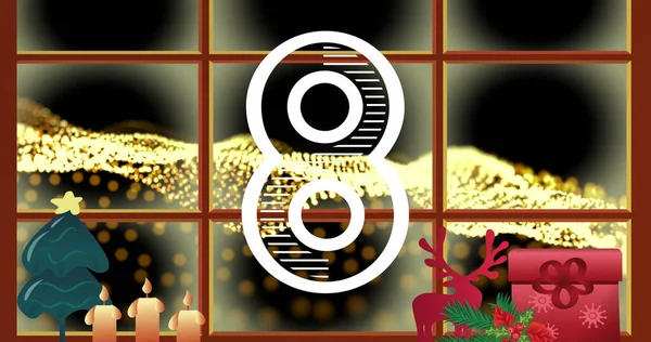 Contagem Regressiva Decorações Natal Moldura Janela Contra Onda Digital Amarela — Fotografia de Stock