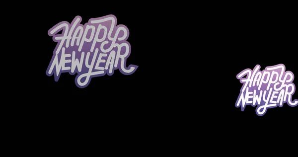 Image of happy new year text in white and purple on black background. new year, celebration, party, tradition and seasonal event concept digitally generated image.