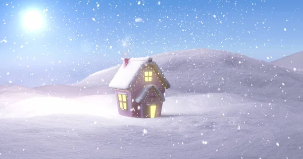 Wizerunek Domku Bożego Narodzenia Dymiącym Kominem Zimowym Krajobrazie Spadającym Śniegiem — Zdjęcie stockowe