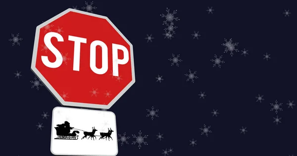 Afbeelding Van Sneeuw Vallen Kerst Verkeersbord Zwarte Achtergrond Kerstmis Traditie — Stockfoto