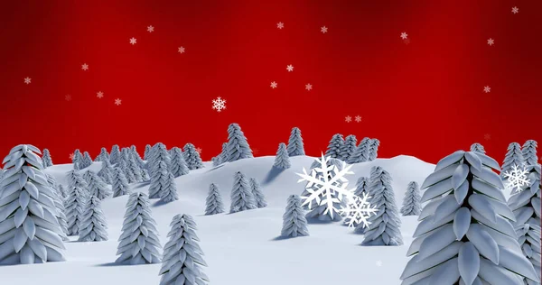 Image Snow Falling Fir Trees Red Background Christmas Winter Tradition — Stock fotografie
