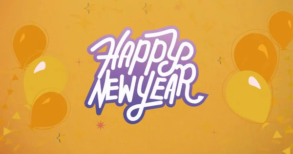 Turuncu Arka Planda Sarı Balonlar Olan Mor Beyaz Yeni Yıl — Stok fotoğraf