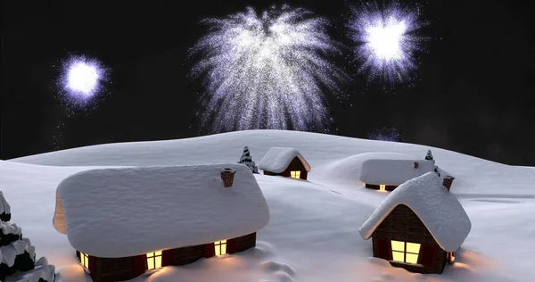 Wizerunek Białych Świąt Noworocznych Fajerwerków Eksplodujących Nocnym Niebie Nad Domami — Zdjęcie stockowe