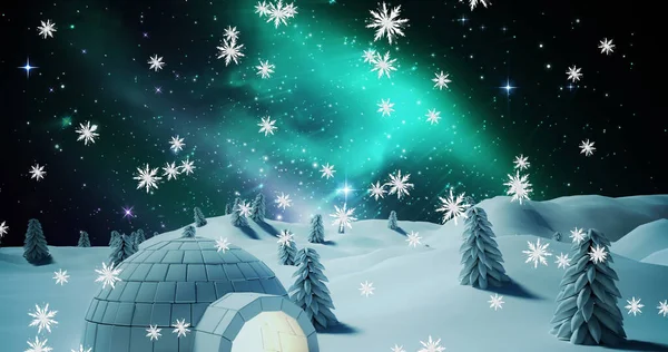 Obrázek Padajícího Sněhu Iglú Noční Zimní Krajině Vánoční Zimní Tradiční — Stock fotografie