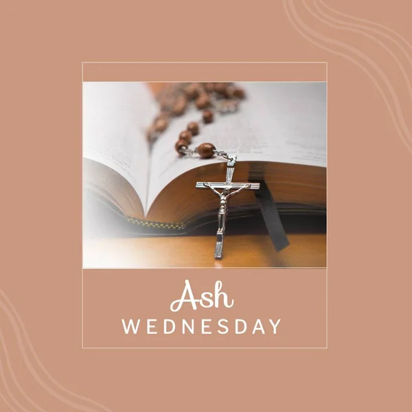 Composition Ash Wednesday Text Holy Bible Rosary Christian Cross Ash — Stock Photo, Image