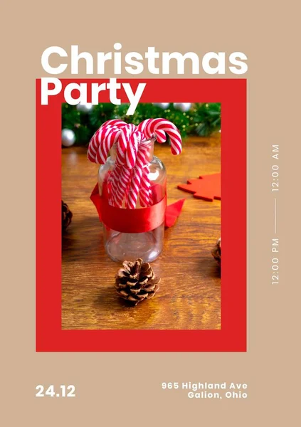 Square image of christmas party text and christmas canes in glass jar. Christmas party invitation and celebrations campaign.