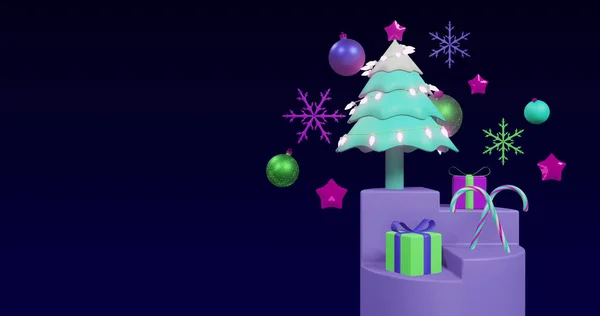 Εικόνα Του Περιστρεφόμενου Χριστουγεννιάτικου Δέντρου Και Διακοσμήσεις Μαύρο Φόντο Χριστούγεννα — Φωτογραφία Αρχείου