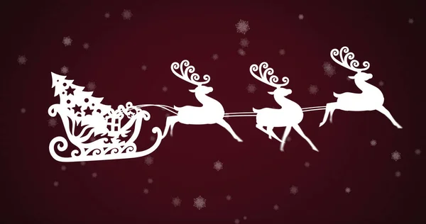 Image Santa Claus Sleigh Reindeer Snow Falling Burgundy Background Christmas — Stock Photo, Image