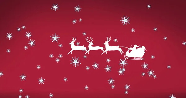 Image Santa Claus Sleigh Reindeer Snow Falling Red Background Christmas — Stock Photo, Image