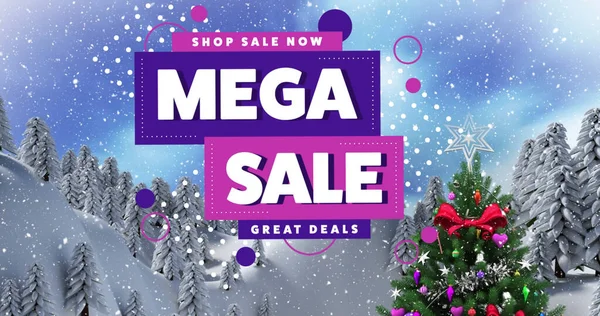 Composition of mega sale text over christmas tree and winter landscape. Christmas, tradition and celebration concept digitally generated image.