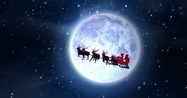 雪橇上的雪飘落在桑塔上空的图像 圣诞节 庆祝和数字界面概念 数字生成的图像 — 图库照片