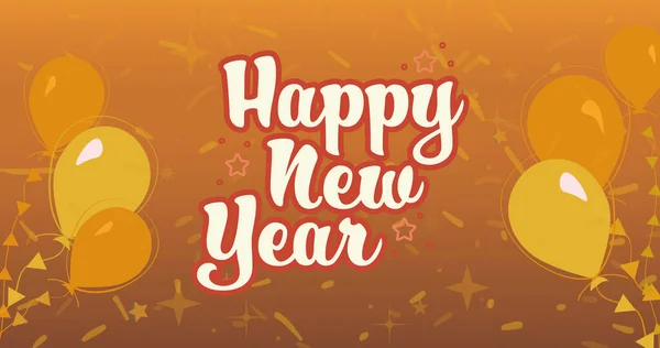 Afbeelding Van Vrolijke Nieuwjaarstekst Crème Rood Met Gele Ballonnen Oranje — Stockfoto