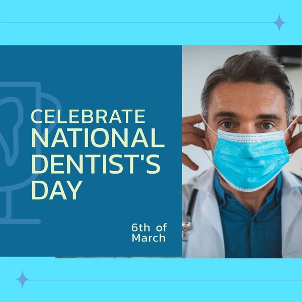 Composition of national dentist\'s day and male dentist in face mask. National dentist\'s day, dentistry and tooth care concept.