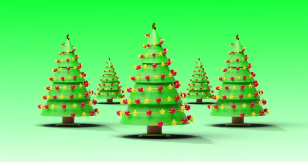 Image Christmas Trees Spinning Green Background Christmas Festivity Celebration Tradition — Stock Photo, Image